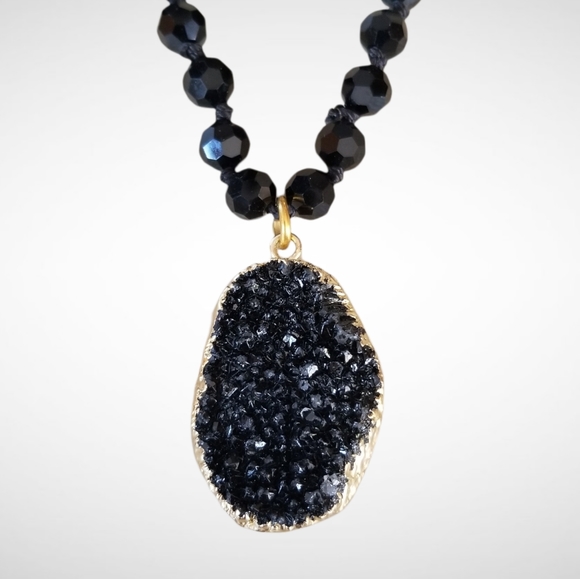 Hand Crafted Glass Bead Necklace With Natural Black Druzy Crystal Pendant - Picture 3 of 16